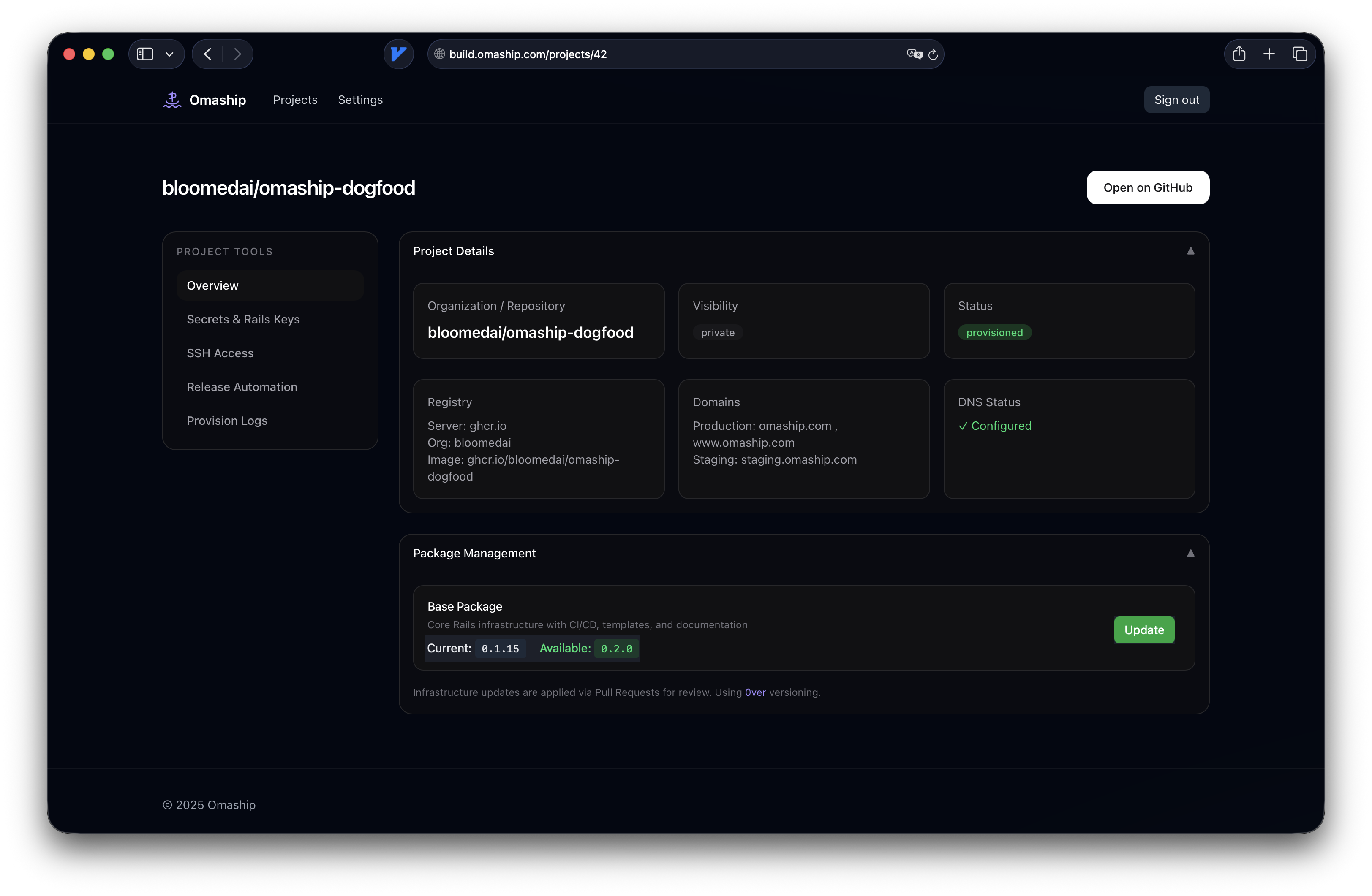 Omaship dashboard showing project management interface